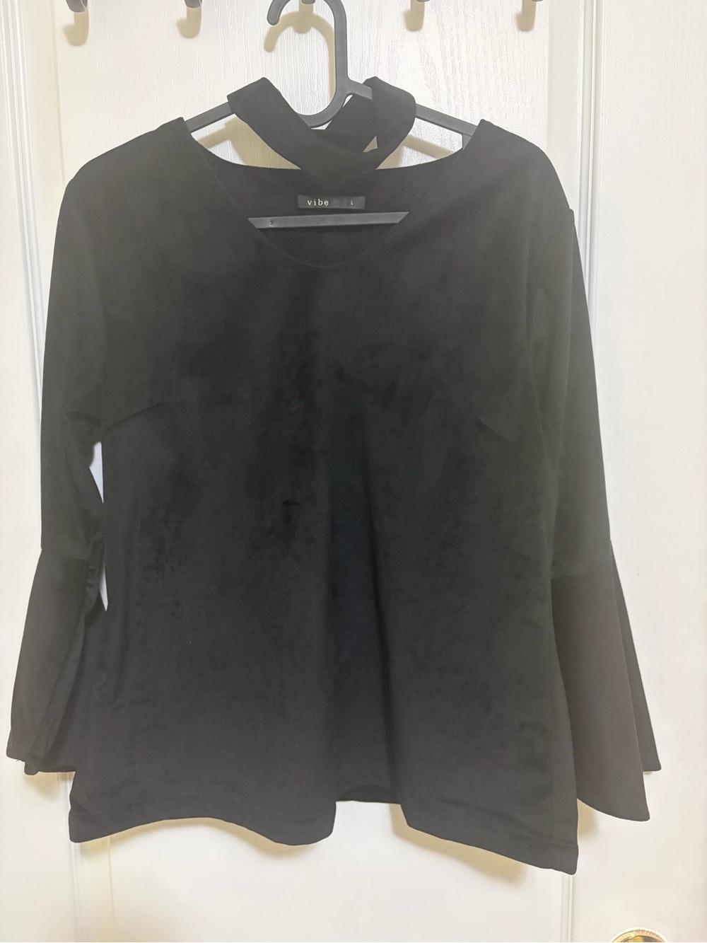 Stylish Black Long-Sleeve Top with Choker Neck and Flared Sleeves | Size Medium